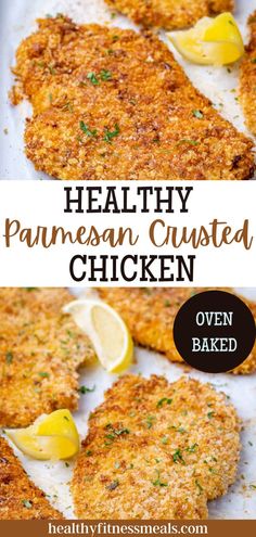 chicken cutlets with lemon wedges and parmesan crust on the side in a pan