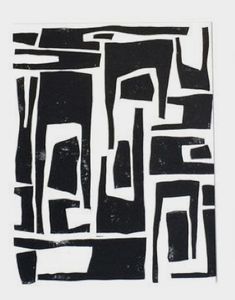 an abstract black and white painting on paper