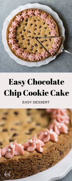 an easy chocolate chip cookie cake with pink sprinkles on the top and bottom