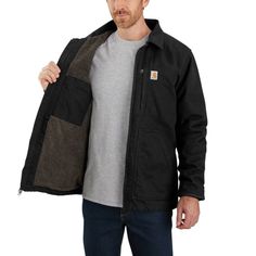 This men's field jacket is the ideal combination of classic Carhartt styling, durability, and versatility. Our signature 100% cotton duck fabric provides a tough exterior, while a soft sherpa lining in the body provides warmth and comfort through the winter months. Nylon inner sleeves make it easier to quickly put on and take off. This jacket is also compatible with the Firm Duck Insulated Hood using the hidden collar snapes. Previously known as the Ridge Coat.Features 12-ounce, 100% cotton wash Mens Field Jacket, Carhartt Style, Duck Fabric, Mens Sherpa, Work Coat, Great Coat, Carhartt Jacket, Men's Outerwear, Field Jacket