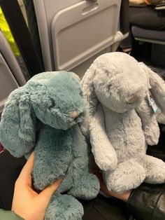 two stuffed animals sitting in the back seat of a car, one being held by someone's hand