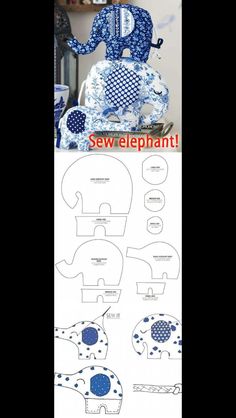 an elephant is sitting on top of a blue and white plate with the words sew elephant