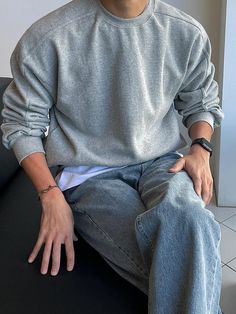 OH Basic Ribbed Hem Crewneck-korean-fashion-Crewneck-OH Atelier-OH Garments Men In Grey Sweats, Men Style Casual, Boyfriend Outfit Men Aesthetic, Male Fashion Casual, Grey Sweatshirt Outfit Men, Mens Crewneck Sweatshirt Outfit, Mens Street Fashion, Boys Fashion, Basic Guy Outfits