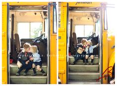 two young boys sitting on the steps of a school bus