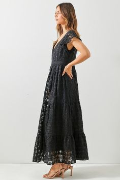 You'll never meet another like the Teanna Maxi Dress! This elegant and romantic dress features a stunning black floral lace design, a flirty v neckline, and short ruffle sleeves. With its convenient side zipper closure and flowy tiered skirt, this dress is both beautiful and functional. Perfect for any occasion, from weddings to dinner dates. Details + Fit 100% Polyester Runs True to Size Hand Wash Cold Hang Dry V Neckline Short Ruffle Sleeves Side Zipper Closure Tiered Skirt Floral Lace Print D Miss Match, Dinner Dates, Maxi Dress Black, Skirt Floral, Lace Print, Romantic Dress, Lace Maxi, Ruffle Sleeves, Tier Skirt