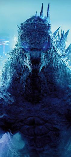 godzilla in the water with city lights behind him and his eyes glowing blue, as if it were from an upcoming movie