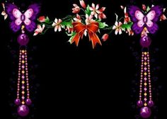 a black background with purple flowers and butterflies on it's sides, along with beads