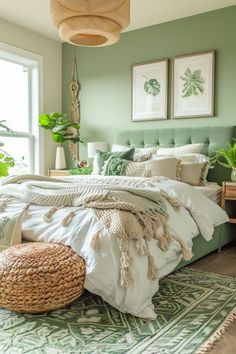 a bedroom with green walls, white bedding and wicker baskets on the floor