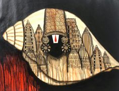 a painting of a fish with buildings in the back ground and red paint on it