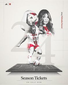 the poster for season tickets features two women in red and white uniforms, one holding a soccer ball