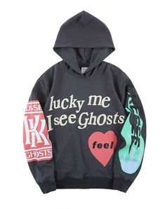 Match this with a pair of track pants and sneakers Perfect to wear in chilly weather Stylish and comfy Pullover hoodie Loose fit I See Ghosts Hoodie, Rapper Hoodies, Lucky Me I See Ghosts, I See Ghosts, Graffiti Hoodie, Buy My Clothes, Style Hip Hop, Estilo Hip Hop, Oversized Pullover