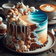 there is a cake with shells on it and coffee cups in the backgroud