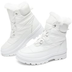 New Never Worn Womens Warm Fur Lined Mid-Calf Boots Waterproof Winter Snow Boots Non-Slip Lace Up Combat Boots White Synthetic Boots For Winter, White Synthetic Winter Boots, White High Ankle Outdoor Boots, White High Ankle Boots For Outdoor, Comfortable Synthetic Winter Boots, Waterproof Slip-on Winter Boots, White Waterproof Ankle-high Boots, Casual Waterproof Boots With Round Toe, Casual White Waterproof Boots With Round Toe