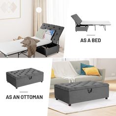 an ottoman and bed are shown in three different pictures, one with a mattress on it