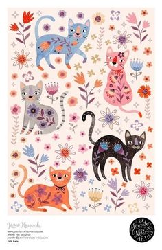 a card with cats and flowers on it