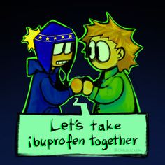 two cartoon characters shaking hands in front of a sign that says let's take i happen together