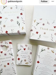 four wedding thank cards with flowers on them