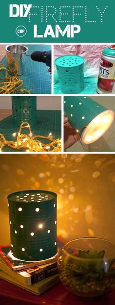 the diy lamp is made from an old can and it's lights are turned on