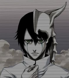 an anime character with black hair and green eyes in front of cloudy sky, staring at the camera