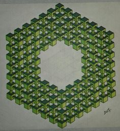 a drawing of a green and white pattern on paper with squares in the center, surrounded by smaller cubes