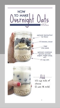 two images showing how to make overnight oats in a jar with ingredients labeled below