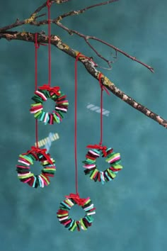 three ornaments hanging from a tree branch on a blue background with water in the background