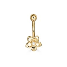 a gold flower belly ring with a white diamond in the center and an attached bar