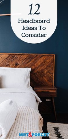 a bed with white sheets and pillows in front of a blue wall that says 12 headboard ideas to consider