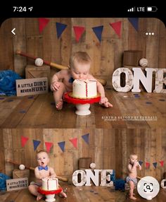 a baby is playing with a baseball cake