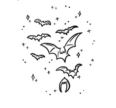 a black and white drawing of bats flying through the air with stars in the background