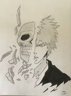 a drawing of an anime character with a skull on his head and one eye open