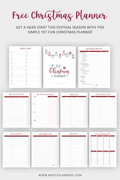 the free christmas planner printable is shown in red and white