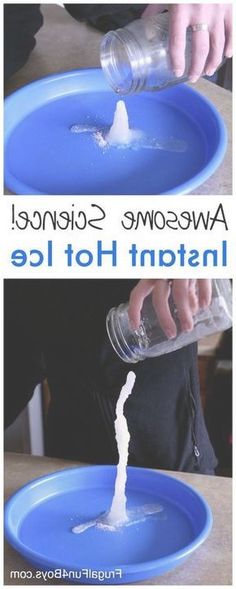 someone pouring water into a blue bowl with the words awesome science instant hot ice