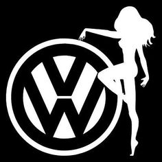 a woman standing in front of a vw logo on a black and white background