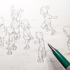 a drawing of children playing in the grass with their hands up and one hand holding a pen