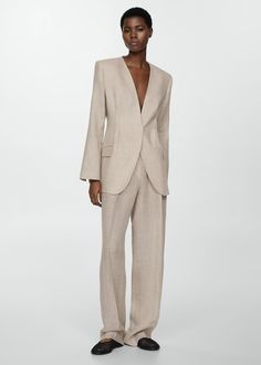 100% linen suit blazer - Woman | MANGO USA Linen Suits Women, Blazer Suit Women, Flower Pants, Contemporary Wardrobe, Mango Outlet, Linen Suits, Blazer Beige, Linen Suit, Tailored Blazer