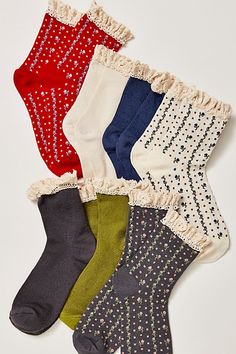 A necessary addition to your sock drawer, this so essential pack features 7 pairs of ultra-soft socks in an ankle-height with feminine ruffled trim, waffle knit details, and dainty floral prints. * 7 pairs of socks * Seamed heel + toe | The Ultimate Sock Pack at Free People in Roadhouse Cute Boot Socks, Free People Socks, Vintage Socks Aesthetic, Feminine Socks, Dainty Socks, Cute Socks Aesthetic, Cottagecore Socks, Christmas Gifts Women, Mission Fits