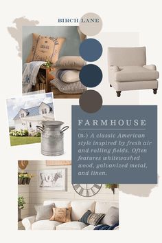 a collage of different furniture and decor items in blue, gray, white, and beige