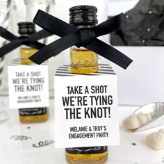 take a shot engagement party mini liquor tags Pretzels Wedding, Small Engagement Party, Backyard Engagement Parties, Engagement Party Diy, Engagement Party Themes, Engagement Party Planning, Rehearsal Dinner Favors, Dinner Planning, Engagement Dinner