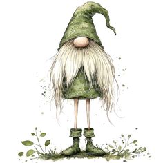 an illustration of a gnome with long white hair and green boots