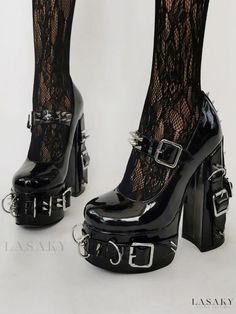 Lasaky - Edgy Riveted Buckle Detail High Heels with a Punk-inspired Twist in Classic Black Stile Punk Rock, Goth Shoes, Gothic Shoes, Dr Shoes, Punk Inspiration, Round Toe Shoes, Aesthetic Shoes, Swag Shoes, Gothic Outfits