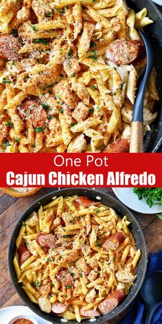 one pot cajun chicken alfredo in a cast iron skillet and another pan full of pasta