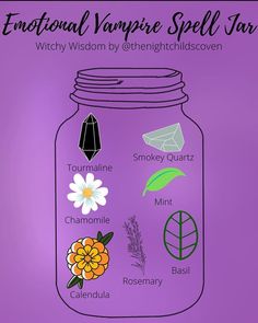 a purple jar filled with different types of flowers and herbs on top of a purple background