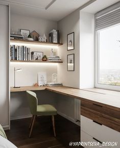 a room with a desk, chair and bookshelf next to a large window