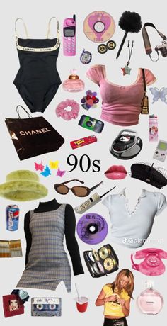 a woman's clothing and accessories are arranged in the shape of a 90s sign