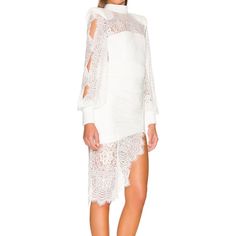 New With Tags Retail $695 Zhivago Praiano White Sheer Lace Midi Dress Us Size 6 Uk Size 10 Self: 100% Nylon Lining: 92% Poly, 8% Elastane Contrast Fabric: 97% Poly, 3% Elastane Handmade In China Hand Wash Partially Lined Exposed Back Zipper Closure Quilted Padded Shoulders And Cuffs Lace Fabric Overlay With Asymmetrical Hem Sold Out In All Stores And Online! Lace Midi, Lace Midi Dress, Asymmetrical Hem, Sheer Lace, Asymmetric Hem, Lace Fabric, Sleeve Dress, Midi Dress, Hand Wash