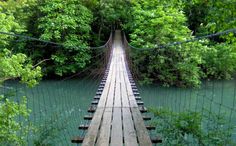 a wooden suspension bridge over a river surrounded by green trees and greenery on both sides