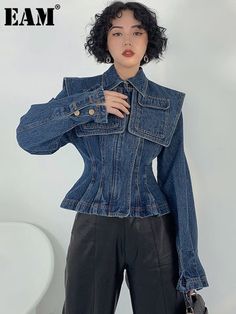 Loose Fit Blue Pocket Denim Jacket Lapel Long Sleeve Women Coat – echicdeal Winter Long Sleeve Fitted Denim Jacket, Winter Denim Blue Denim Jacket For Work, Winter Workwear Outerwear In Denim Blue, Winter Workwear Blue Denim Jacket, Fitted Dark Wash Long Sleeve Outerwear, Leader Woman, Short Denim Jacket, Long Sleeve Denim Jacket, Jean Jacket Women