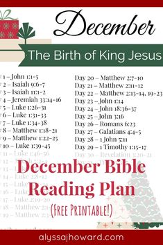 the birth of king jesus, december bible reading plan with christmas tree and presents on it