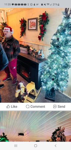 two photos showing the same person in front of a christmas tree with lights on it